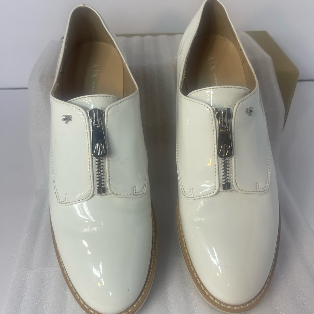 Armani Exchange Men’s White Patent Leather Zip Front Oxfords